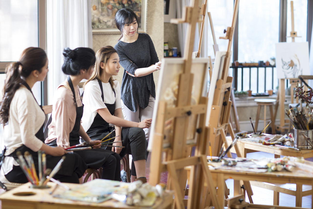 Chinese art teacher with young women in studio