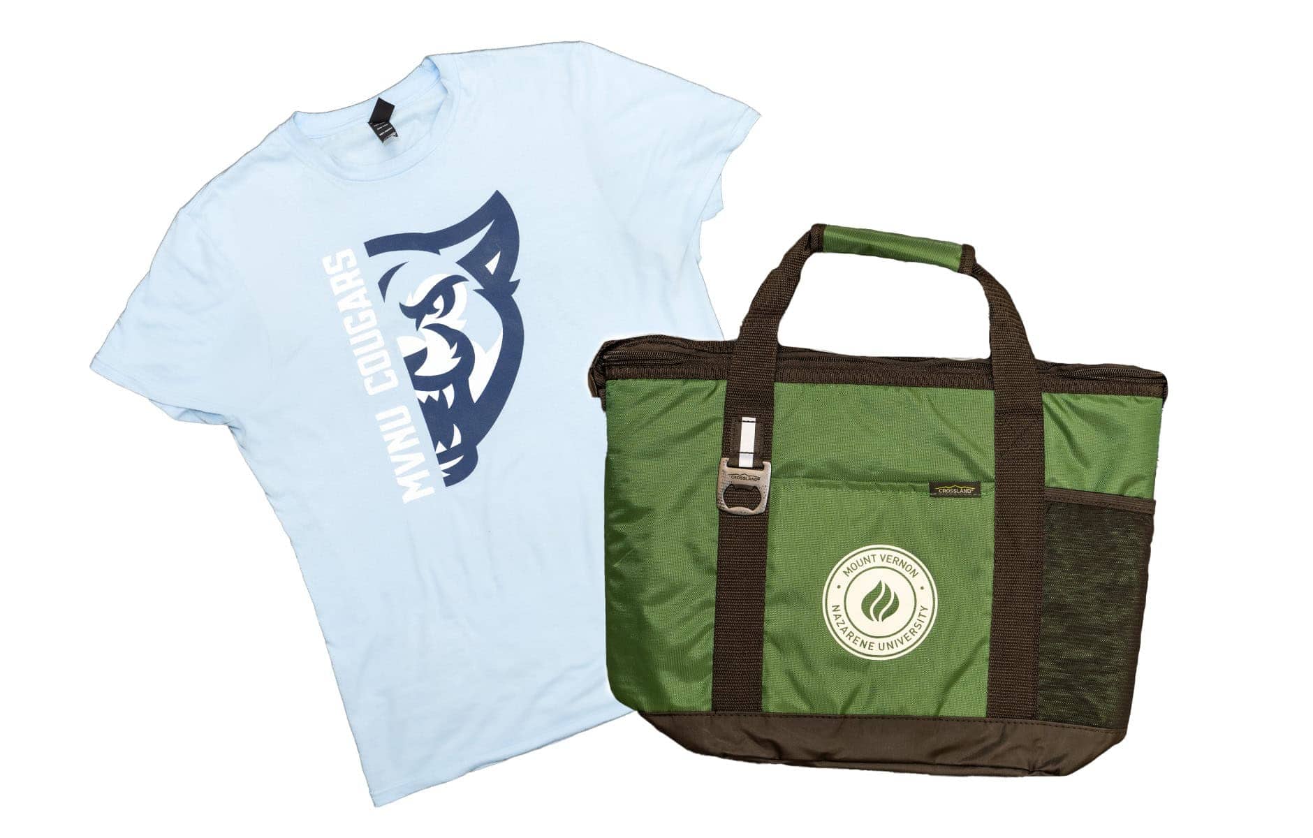 An MVNU Cougars branded shirt and bag