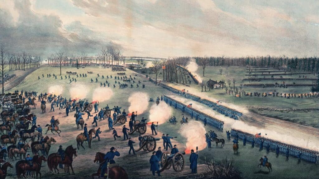 A painting of a civil war battle