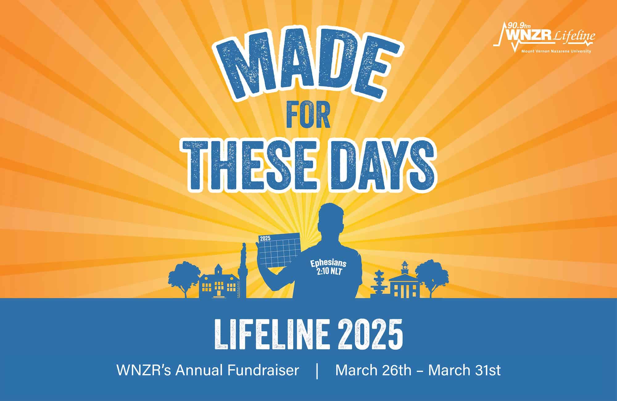 WNZR 90.9 FM, a broadcast ministry of Mount Vernon Nazarene University, is preparing for Lifeline 2025, its annual fundraising campaign, set for March 26-31. This offers an opportunity for listeners to pledge their support for WNZR and help reach this year’s goal of $75,000.