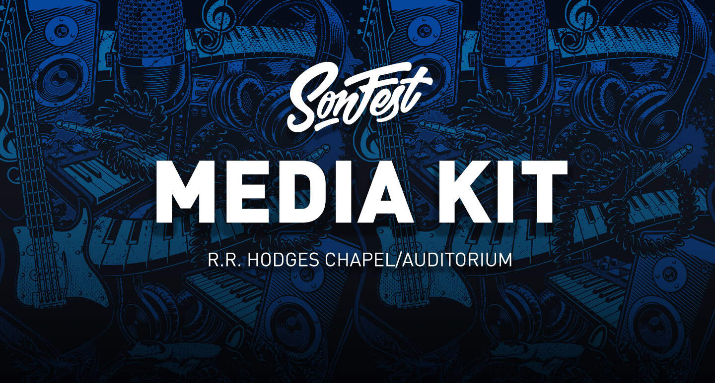 SonFest media kit cover with musical instruments and sound equipment in a dark blue background.