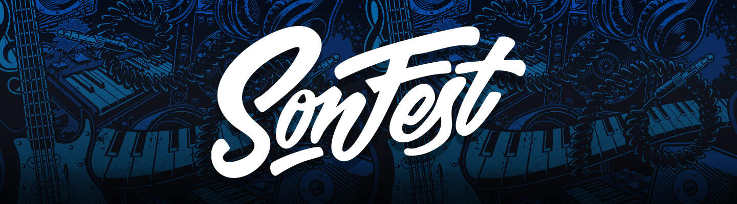 "SonFest logo with musical instruments and keyboard background".