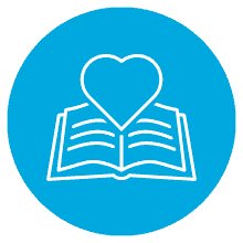 A heart above an open book icon representing love for reading and education.
