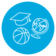 Graduation cap, globe, and basketball icons on blue background.