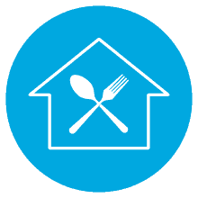 Home cooking icon with a spoon and fork inside a house outline on a blue background.