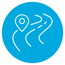 A blue icon with a location pin and a winding road.