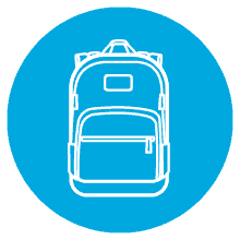 Backpack icon on blue background, representing school or travel gear.