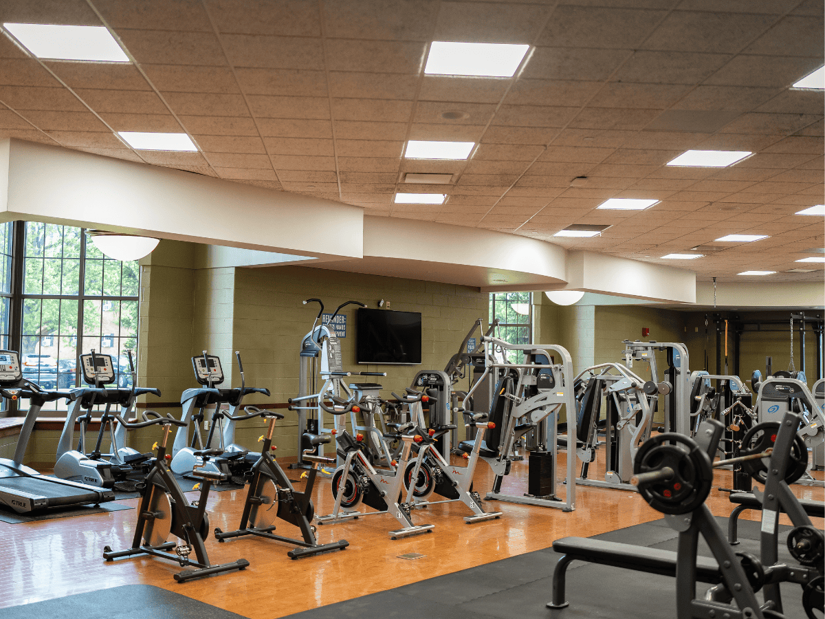 Indoor gym with cardio and strength training equipment, large windows, and bright lighting.