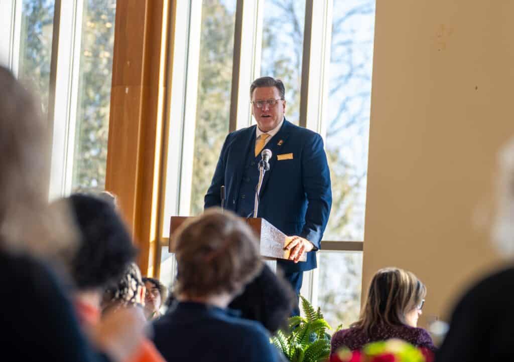 Mount Vernon Mayor Dr. Matt Starr addresses the crowd gathered at Kenyon College for last year’s annual Knox County MLK Commemorative Breakfast. This year’s breakfast will be held on January 19 at Mount Vernon Nazarene University. (Photo courtesy of Mount Vernon Nazarene University)