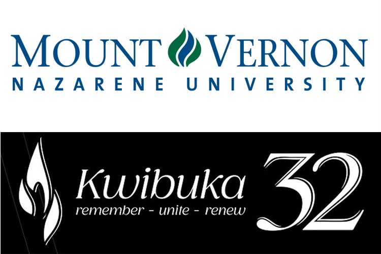 Mount Vernon Nazarene University logo with 32nd Kwibuka remembrance event text.