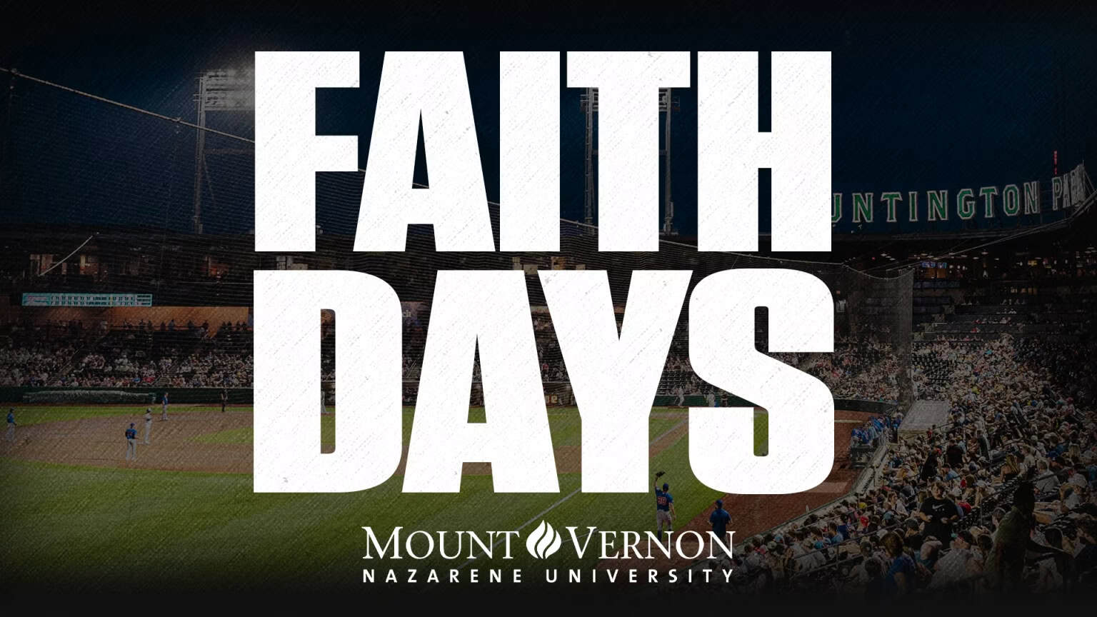 Faith Days event banner at a baseball stadium with a crowd and field in the background.