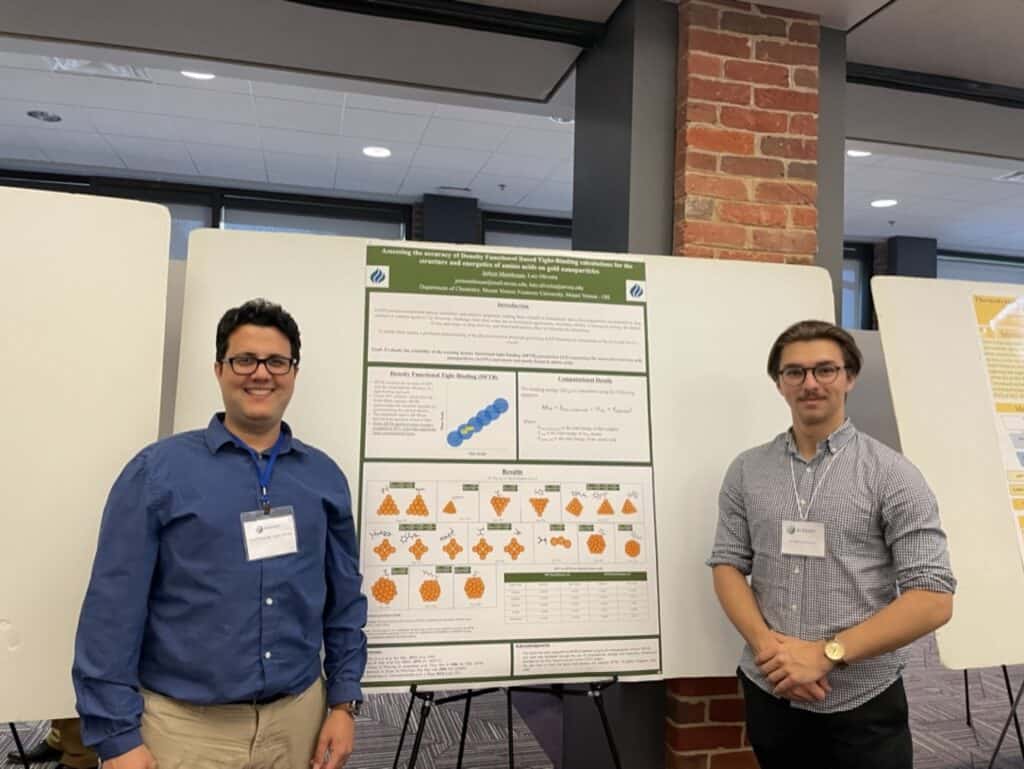 Two undergraduate researchers stand beside their scientific poster at a conference.