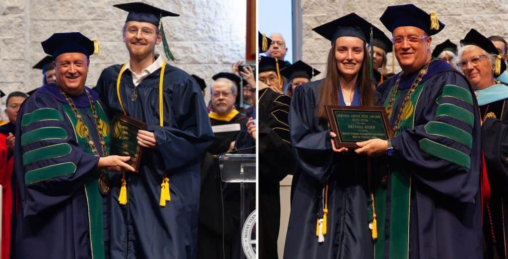 Graduation ceremony with graduates and faculty in academic regalia.