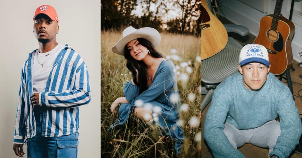 Three young adults in casual attire, posing in natural settings with musical instruments and relaxed.