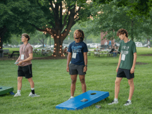 Students participating in outdoor team-building activity at orientation event.