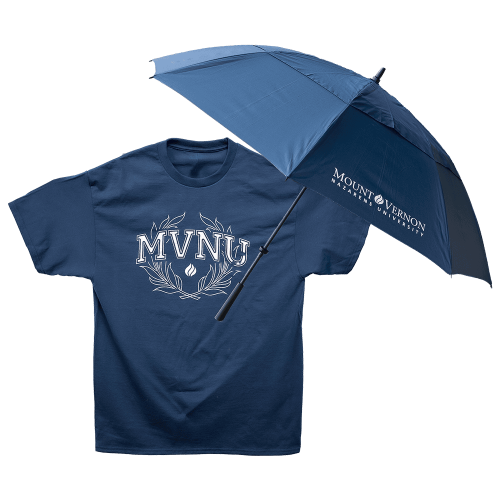 Blue MVNU Youth Leaders T-shirt with umbrella for outdoor events.