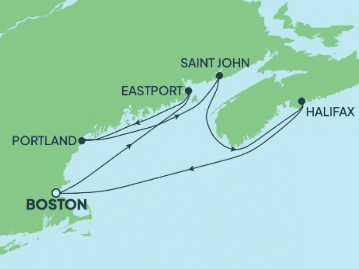 Cruise route map from Boston to Halifax, Saint John, Eastport, and Portland.