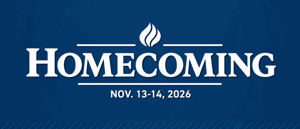 Homecoming event banner with date and logo on blue background.