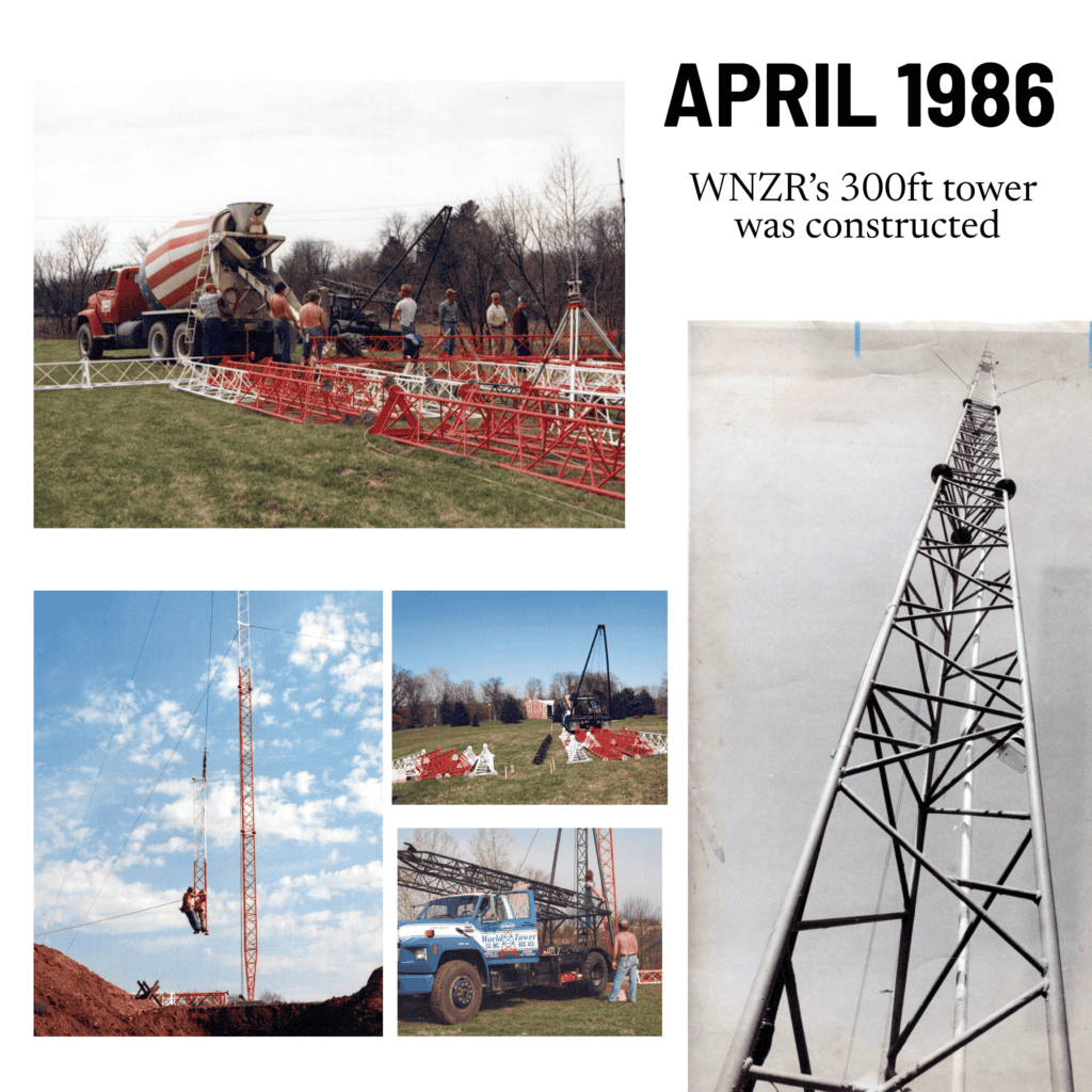 Historical photos of WNZR's 300ft tower construction in April 1986.