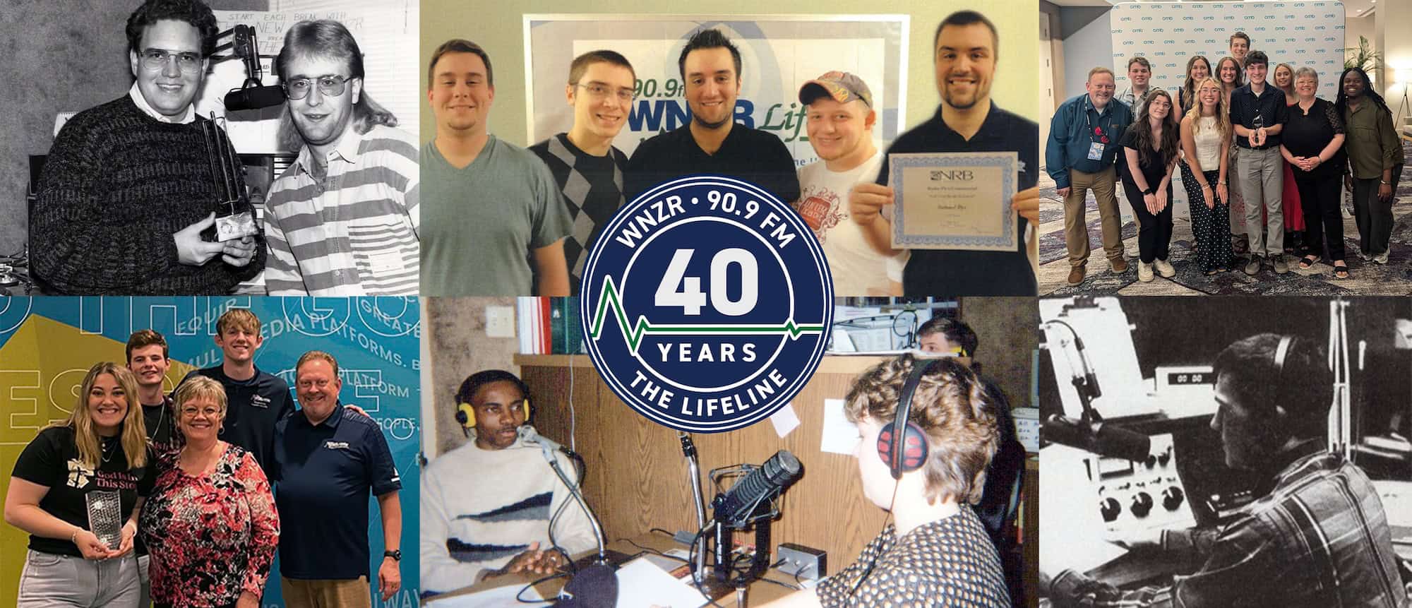 Group photos of WNZR radio station staff and volunteers celebrating 40 years.