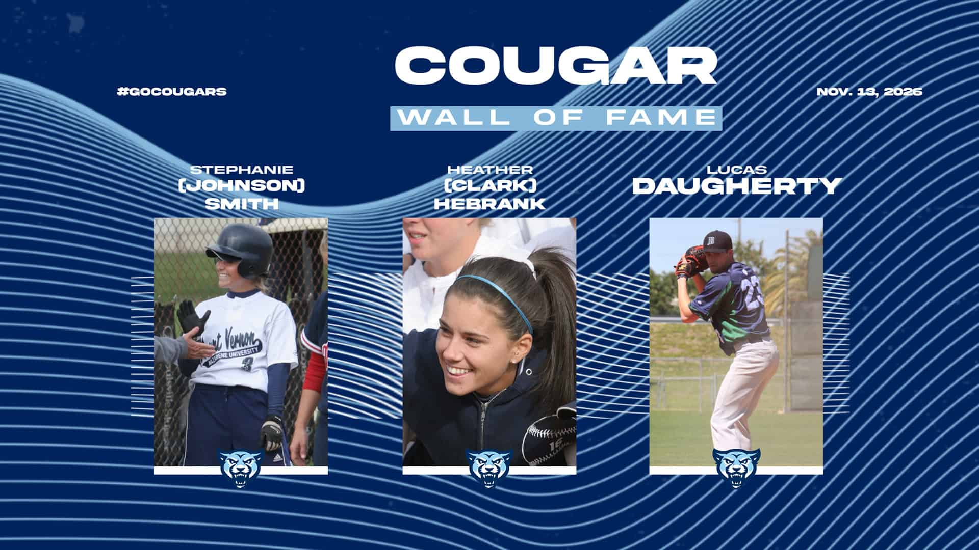 Three individuals featured on the Cougar Wall of Fame with a blue background and white text.