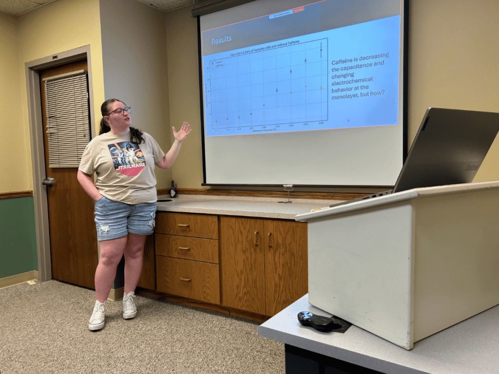 Female student giving presentation on research data in classroom setting.