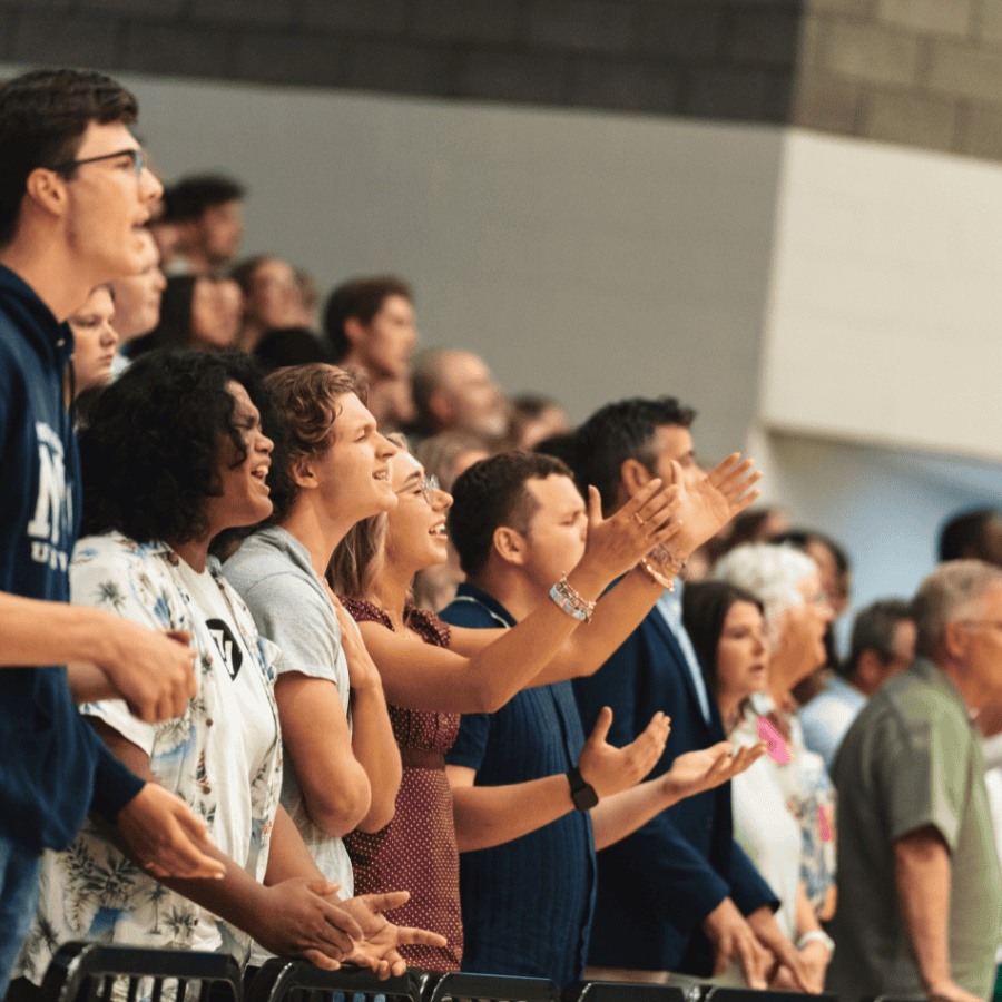 A vibrant crowd of diverse people cheering at an indoor event.